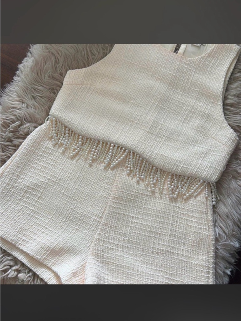 Pearl-Fringed Ivory Tweed Crop Top & Shorts Set